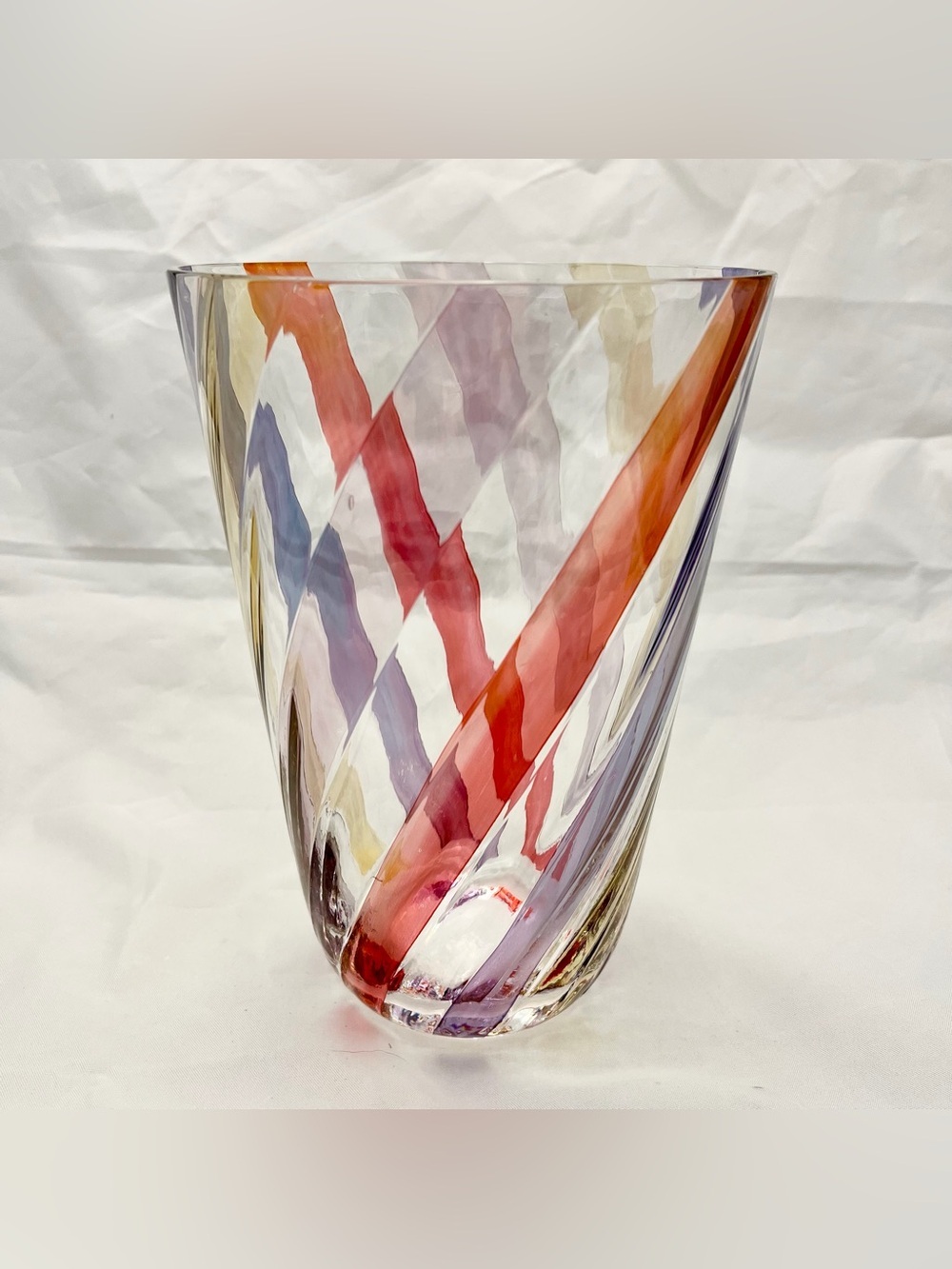 Bohemian Rainbow Swirl Art Glass Vase Czech Clear Multicolor MCM Decor